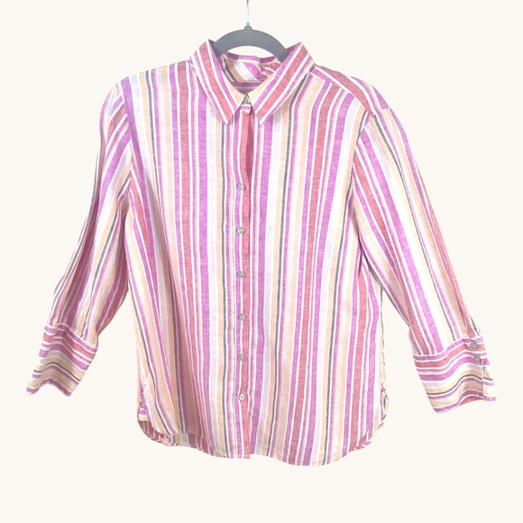 Chico’s Linen Shirt Stripe Button Down Pink Yellow (8) - Picture 4 of 8